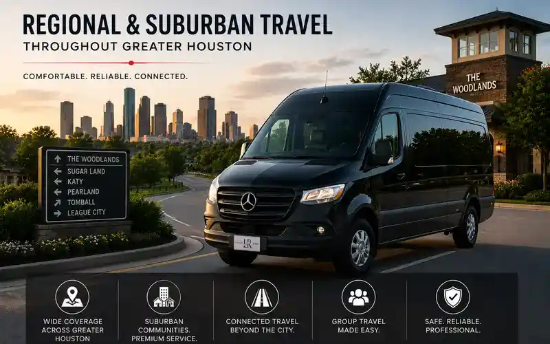 Luxury black Mercedes-Benz Sprinter van with Lavish Ride logo plate traveling through Greater Houston suburban communities at sunset, representing regional and suburban transportation service between destinations like The Woodlands, Sugar Land, Katy, Pearland, and surrounding Houston areas.